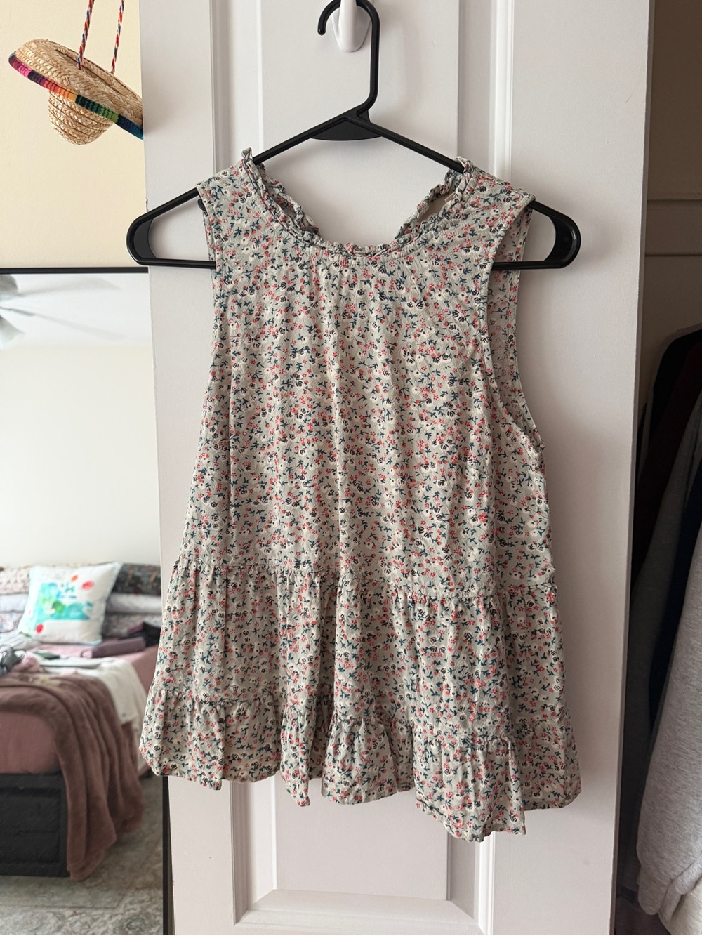 Universal Cream Floral Ruffle Tiered Tank Top with Pink & Green Accents